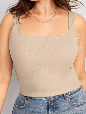 Old Navy Womens Ultra-Crop Square-Neck Rib-Knit Tank Top Nude Beige Size XL Tall